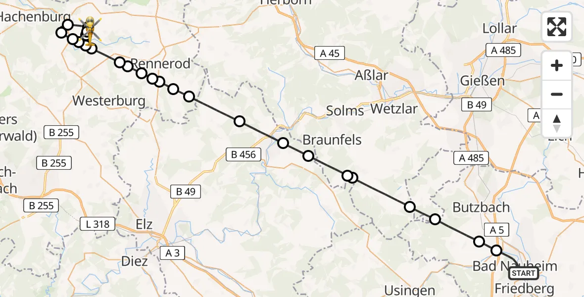 Flugroute Rettungshubschrauber Bad Nauheim - Bad Marienberg (Westerwald), 18 Juni 2026, 10:46