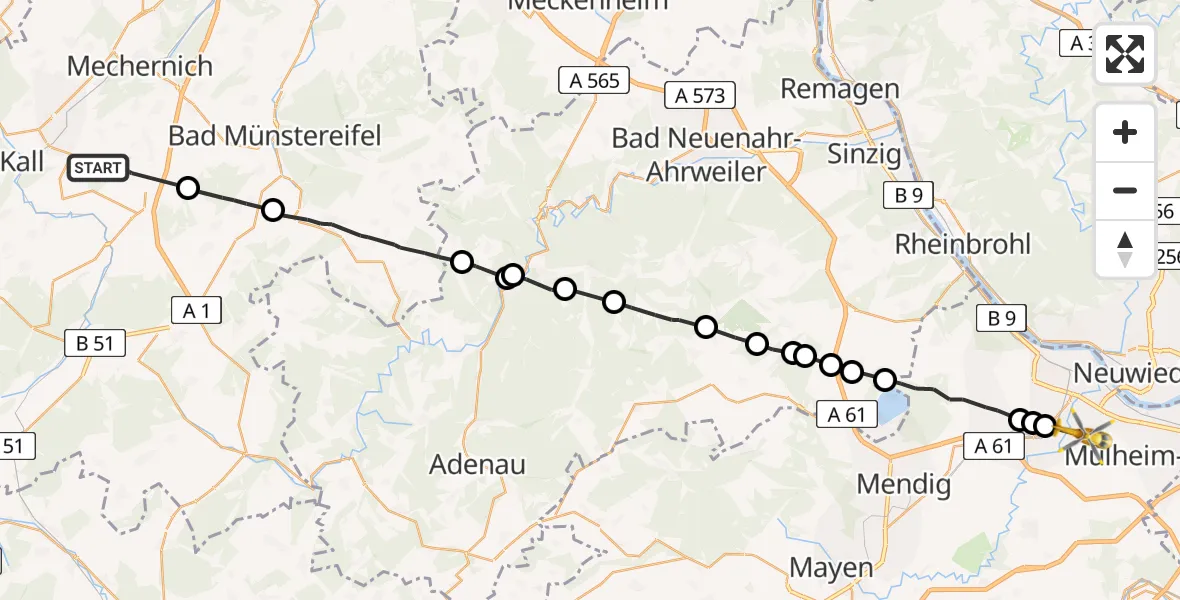 Flugroute Ambulanzhubschrauber Mechernich - Andernach, 18 Juni 2026, 10:57