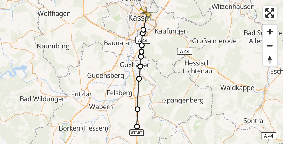 Flugroute Rettungshubschrauber Knüllwald - Kassel, 18 Juni 2026, 11:00