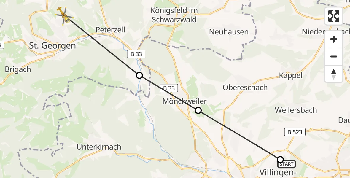 Flugroute Ambulanzhubschrauber DRF Air Rescue Station Villingen-Schwenningen Hubschrauberlandeplatz (Christoph 11) - St. Georgen im Schwarzwald, 18 Juni 2026, 11:03