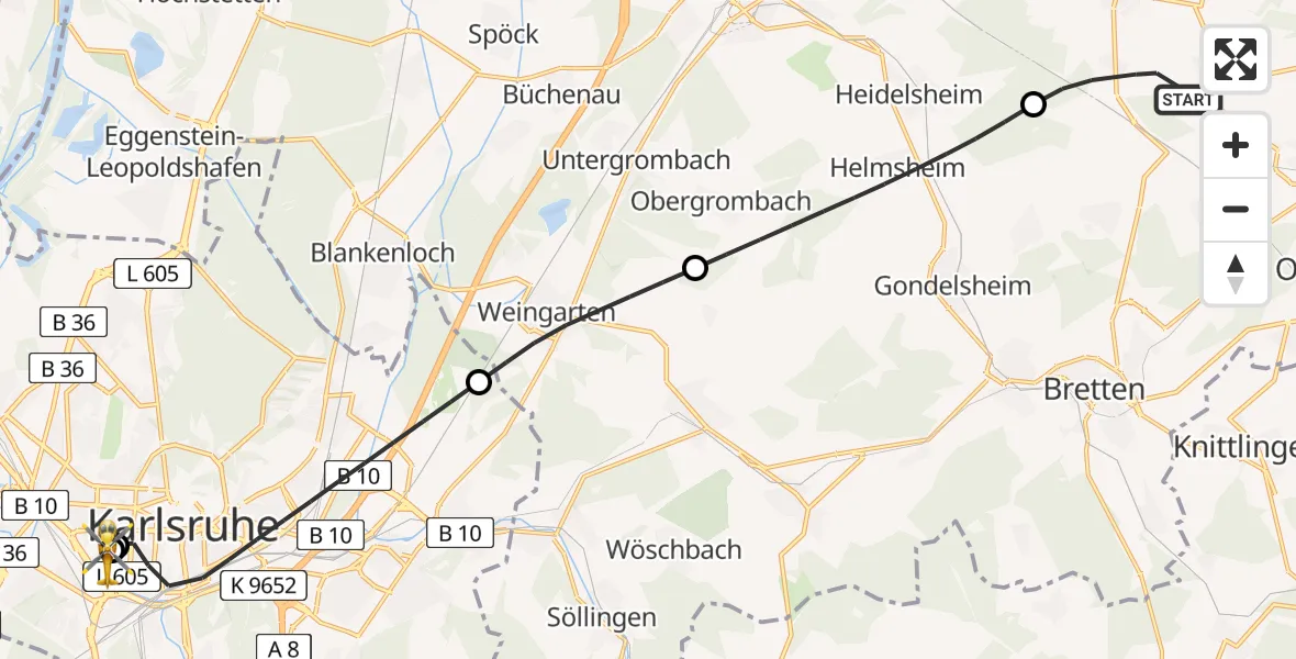 Flugroute Rettungshubschrauber Kraichtal - Sankt Vincentius Hospital, 18 Juni 2026, 11:09