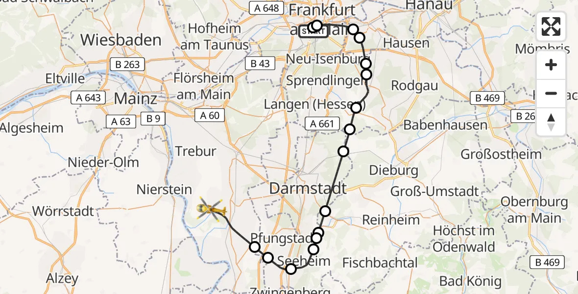 Flugroute Rettungshubschrauber Frankfurt University Hospital - Riedstadt, 18 Juni 2026, 11:10