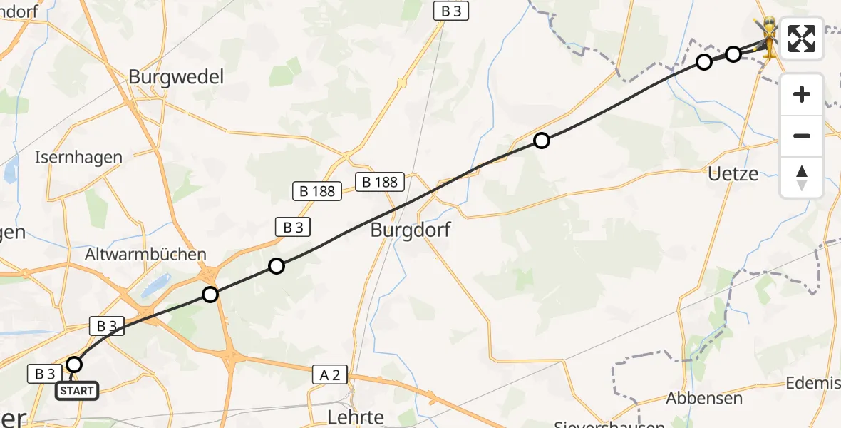 Flugroute Rettungshubschrauber Hannover Luftrettung Hubschrauberlandeplatz (Christoph 4) - Bröckel, 18 Juni 2026, 11:11