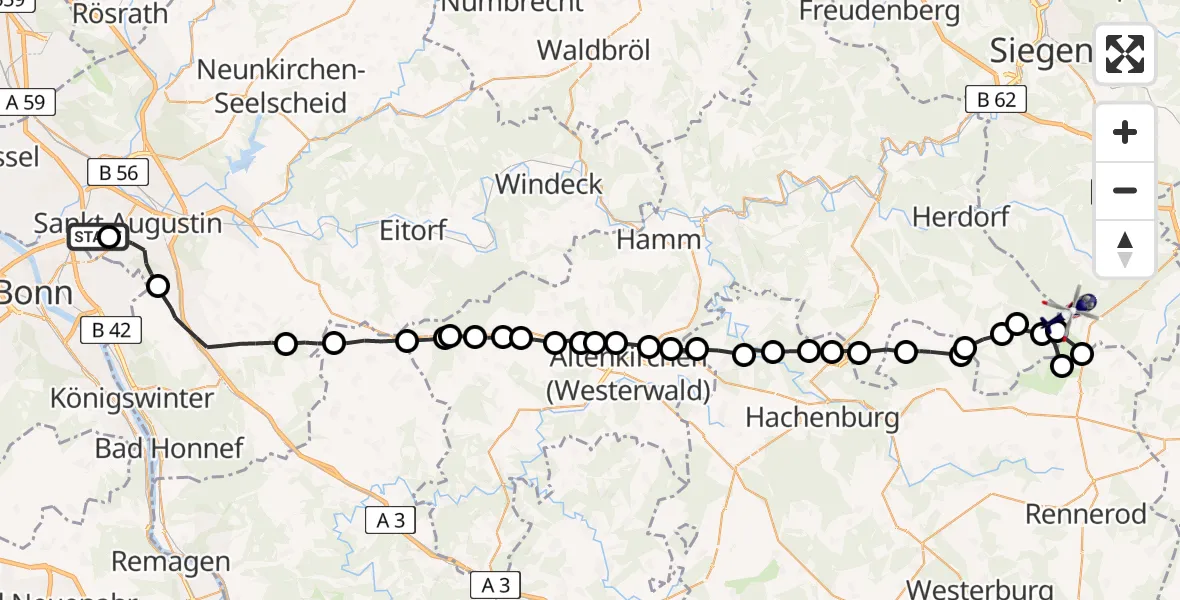 Flugroute Polizeihubschrauber Bonn-Hangelar Flugplatz - Burbach, 18 Juni 2026, 11:12
