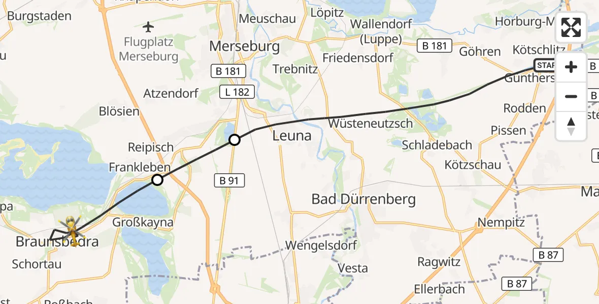 Flugroute Rettungshubschrauber Leuna - Braunsbedra, 18 Juni 2026, 11:13