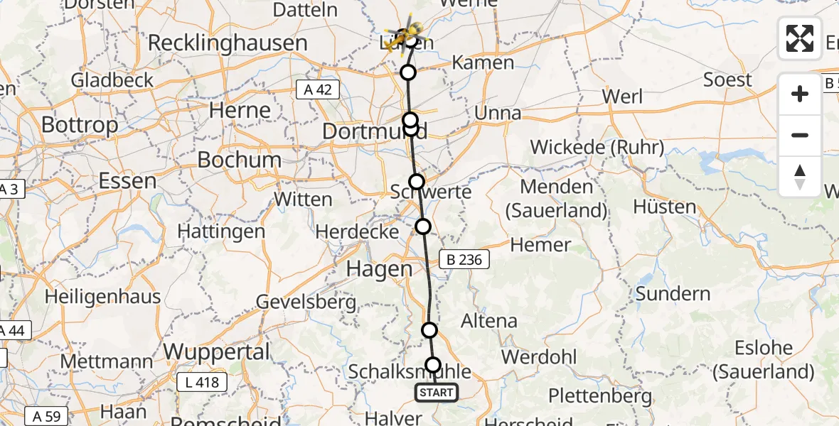 Flugroute Rettungshubschrauber Lüdenscheid - Sankt Marien Hospital, 18 Juni 2026, 11:13
