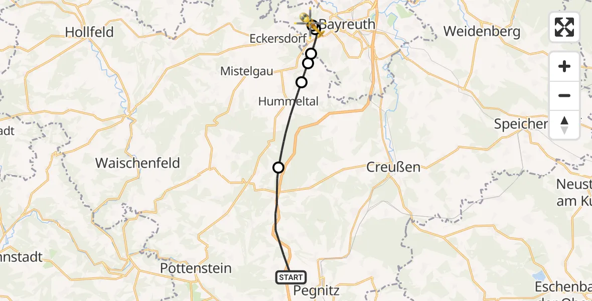 Flugroute Rettungshubschrauber Pegnitz - Bayreuth Hospital, 18 Juni 2026, 11:13