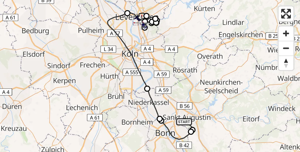 Flugroute Polizeihubschrauber Sankt Augustin - Leverkusen Flugplatz, 18 Juni 2026, 11:28