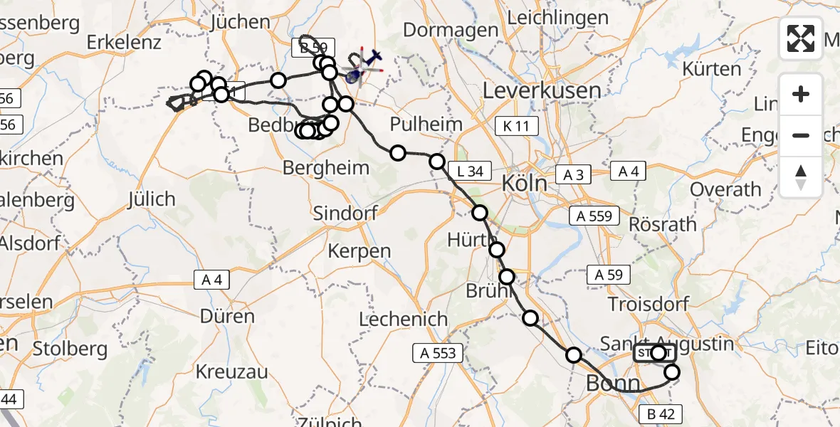 Flugroute Polizeihubschrauber Bonn-Hangelar Flugplatz - Rommerskirchen, 18 Juni 2026, 11:29