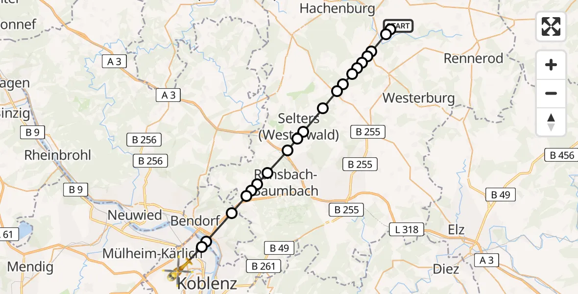 Flugroute Rettungshubschrauber Bad Marienberg (Westerwald) - Koblenz, 18 Juni 2026, 11:33