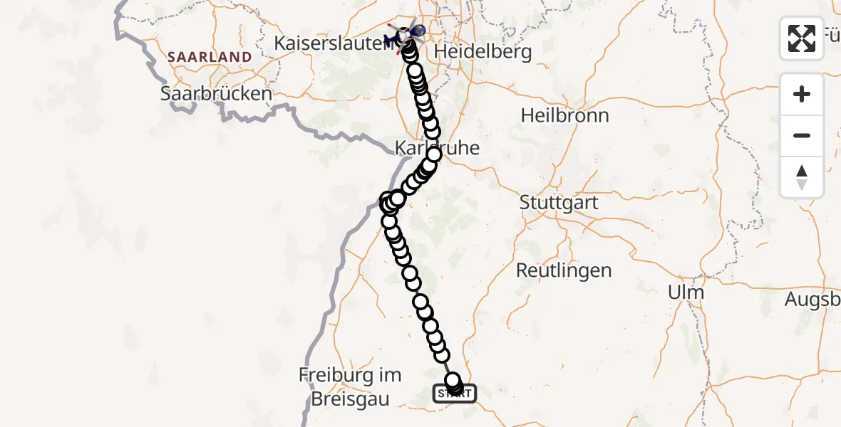 Flugroute Polizeihubschrauber Donaueschingen-Villingen Flugplatz - Bad Dürkheim Flugplatz, 18 Juni 2026, 11:34