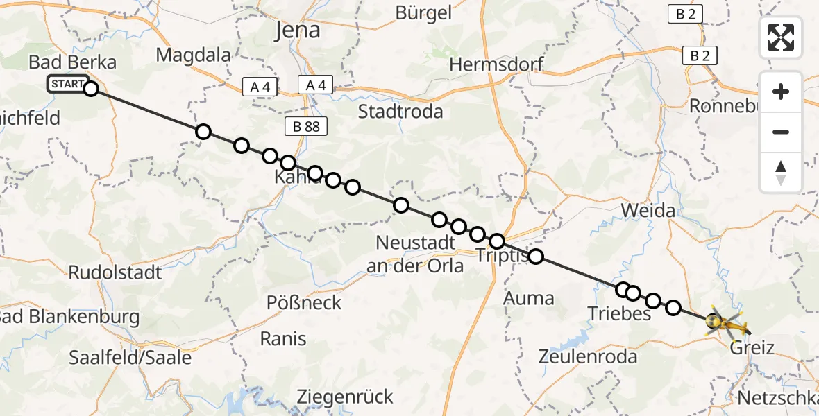 Flugroute Ambulanzhubschrauber Bad Berka - Greiz, 18 Juni 2026, 11:35