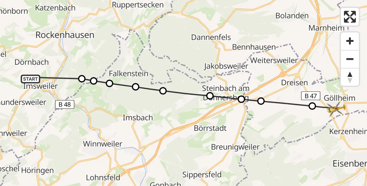Flugroute Rettungshubschrauber Imsweiler UL - Göllheim, 18 Juni 2026, 11:35