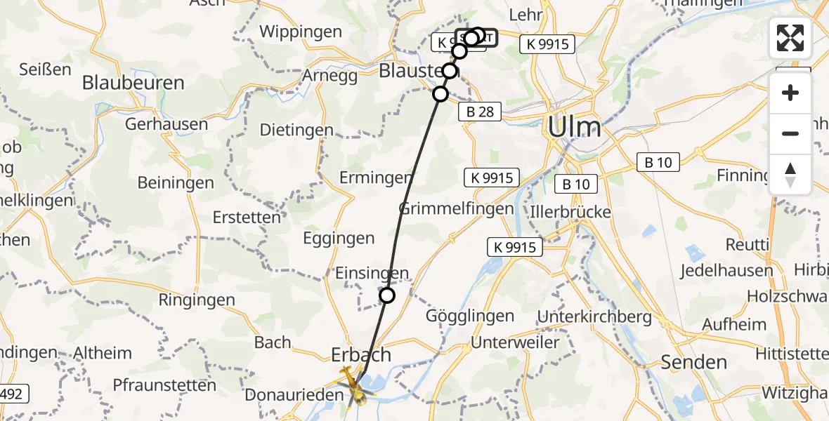 Flugroute Rettungshubschrauber Ulm Military Hospital Emergency - Erbach, 18 Juni 2026, 11:37