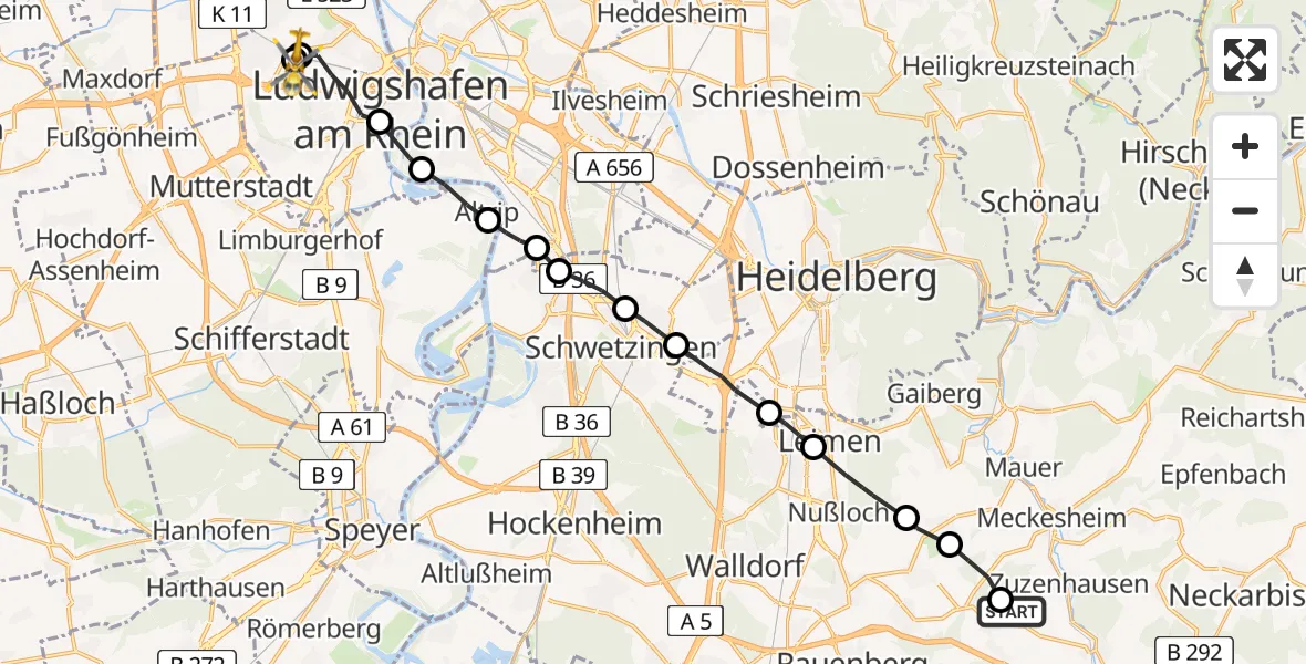 Flugroute Rettungshubschrauber Zuzenhausen - Ludwigshafen Accident Hospital, 18 Juni 2026, 11:45
