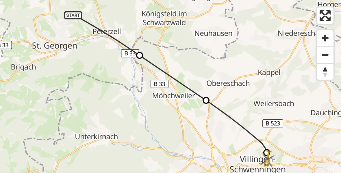 Flugroute Ambulanzhubschrauber St. Georgen im Schwarzwald - DRF Air Rescue Station Villingen-Schwenningen Hubschrauberlandeplatz (Christoph 11), 18 Juni 2026, 11:45