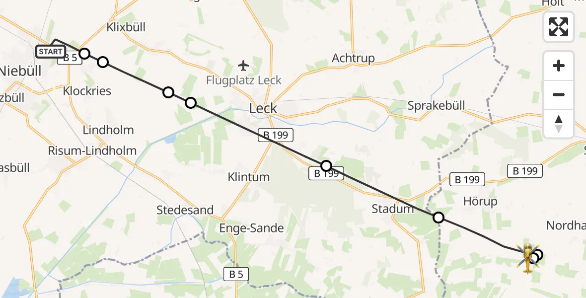 Flugroute Rettungshubschrauber Niebüll - Hörup, 18 Juni 2026, 11:45