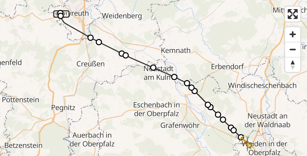 Flugroute Rettungshubschrauber Bayreuth Hospital - Weiden i.d.OPf., 18 Juni 2026, 11:46
