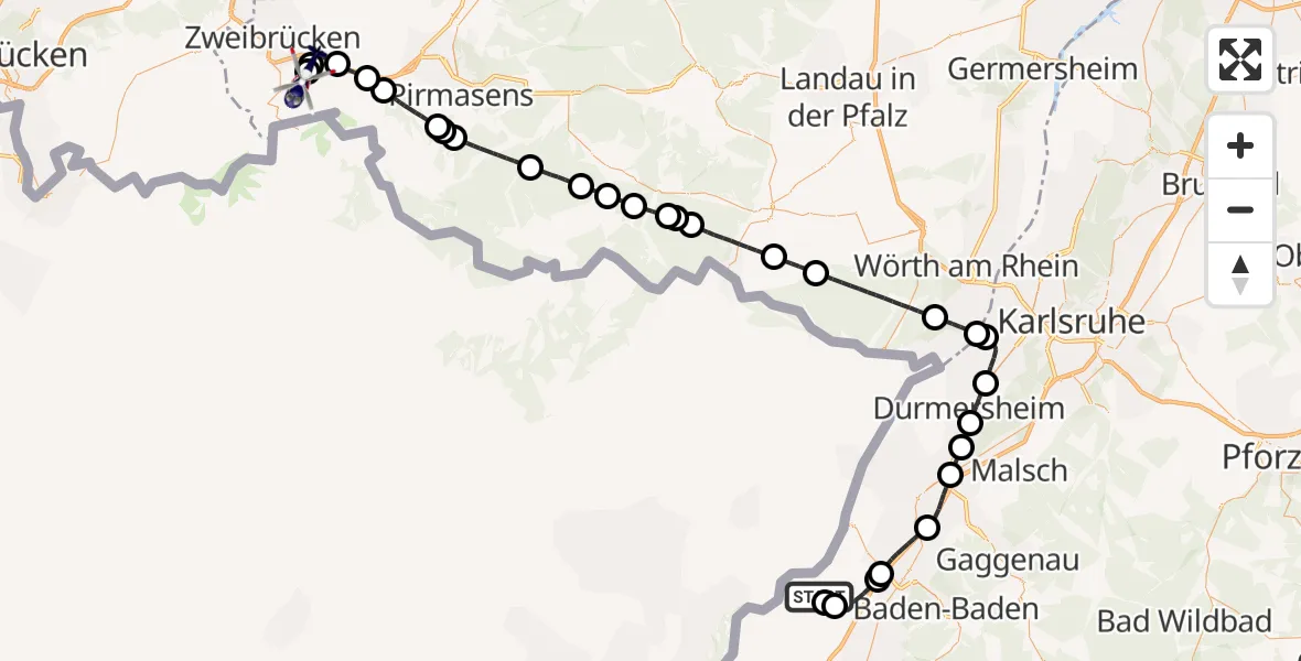 Flugroute Polizeihubschrauber Karlsruhe Baden-Baden Flughafen - Contwig, 18 Juni 2026, 11:47