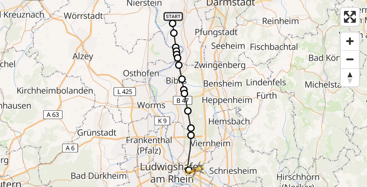Flugroute Rettungshubschrauber Riedstadt - Mannheim-City Flughafen, 18 Juni 2026, 11:55