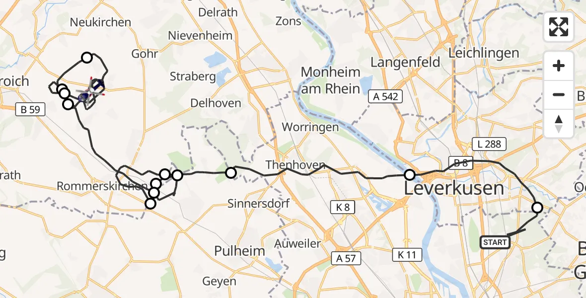 Flugroute Polizeihubschrauber Köln - Rommerskirchen, 18 Juni 2026, 12:00