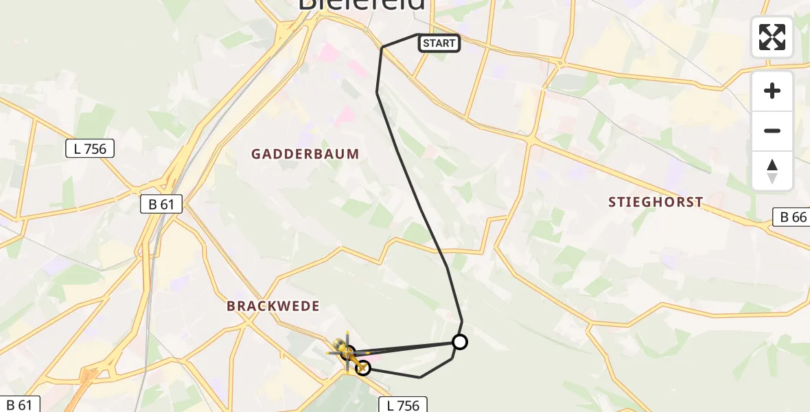 Flugroute Rettungshubschrauber Bielefeld - Luftrettungszentrum Bielefeld, 18 Juni 2026, 12:00