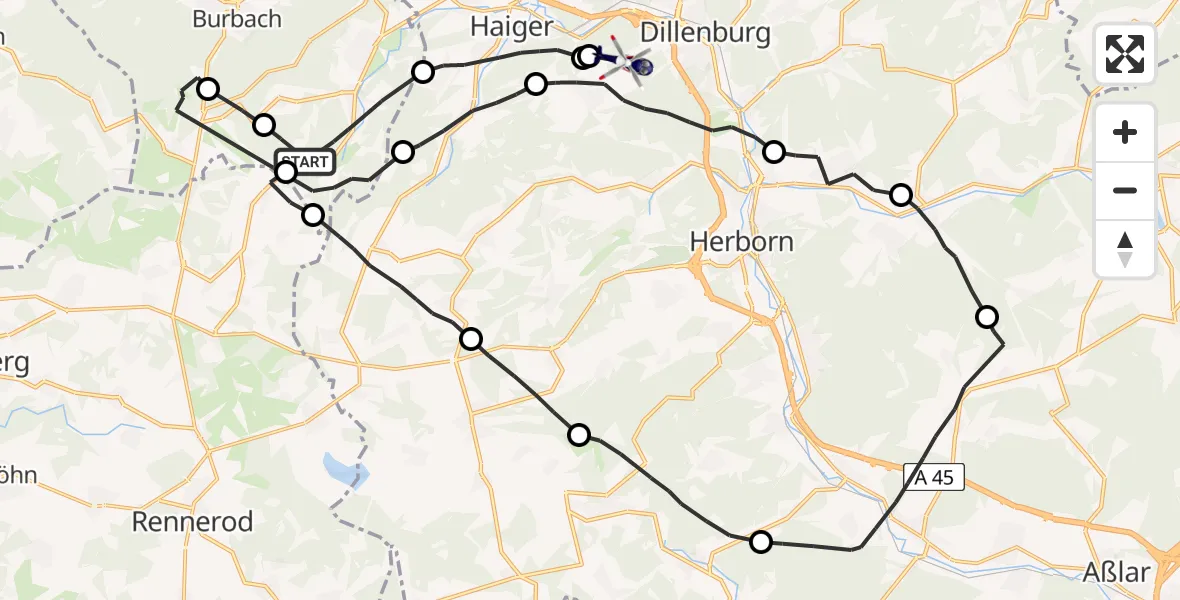 Flugroute Polizeihubschrauber Burbach - Dillenburg, 18 Juni 2026, 12:01