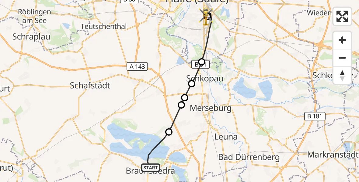 Flugroute Rettungshubschrauber Braunsbedra - BG Hospital Bergmannstrost Halle, 18 Juni 2026, 12:05