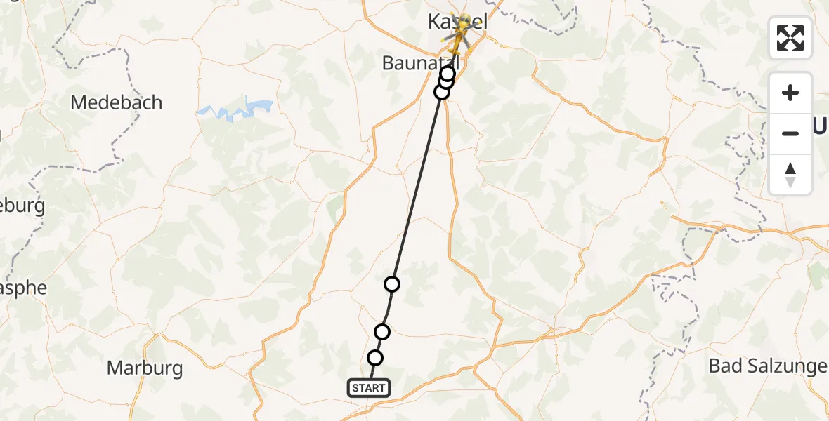 Flugroute Rettungshubschrauber Alsfeld - Kassel, 18 Juni 2026, 12:05