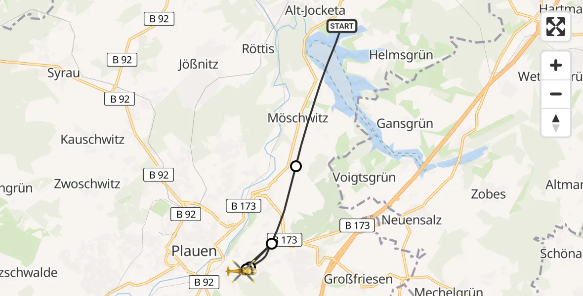 Flugroute Rettungshubschrauber Pöhl - Helios Clinic Plauen, 18 Juni 2026, 12:11