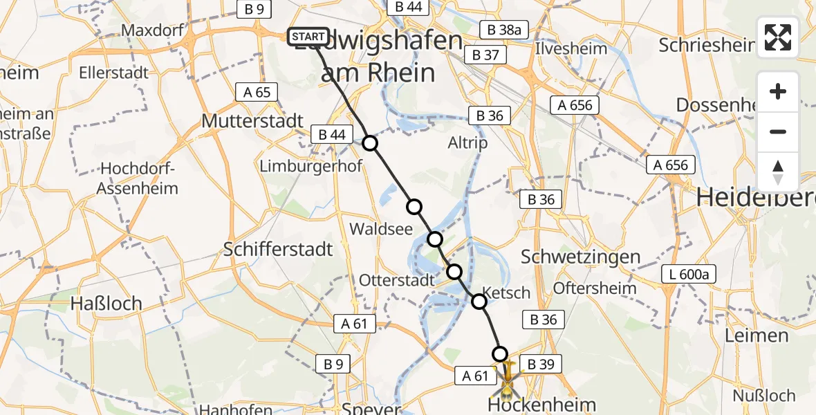 Flugroute Rettungshubschrauber Ludwigshafen am Rhein - Hockenheim, 18 Juni 2026, 12:18