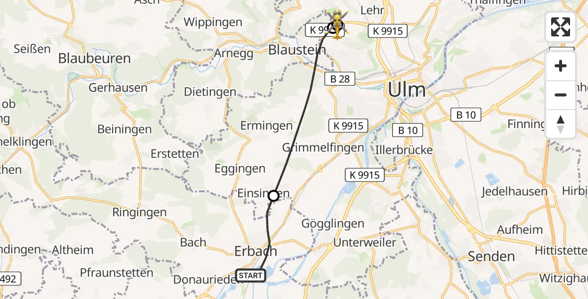 Flugroute Rettungshubschrauber Erbach - ADAC Air Rescue Station Ulm (Christoph 22), 18 Juni 2026, 12:19