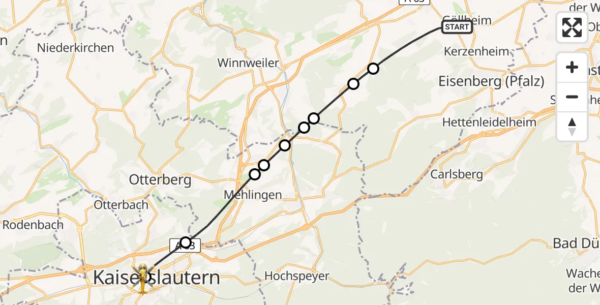 Flugroute Rettungshubschrauber Göllheim - Westpfalz Hospital Kaiserslautern, 18 Juni 2026, 12:21
