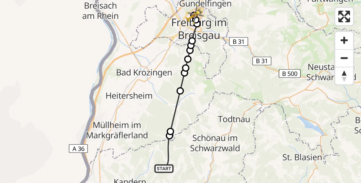 Flugroute Ambulanzhubschrauber Kleines Wiesental - Freiburg im Breisgau Flugplatz, 18 Juni 2026, 12:22