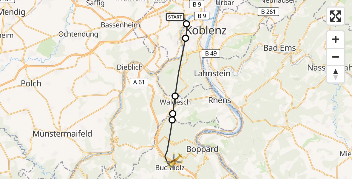 Flugroute Rettungshubschrauber Koblenz - Boppard, 18 Juni 2026, 12:24