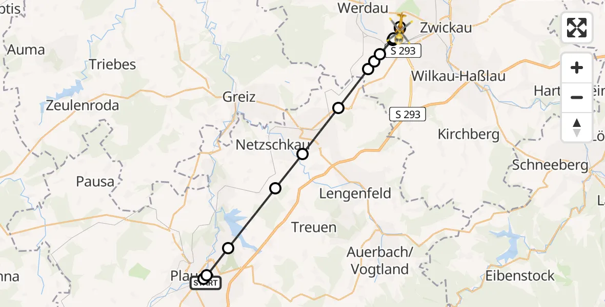 Flugroute Rettungshubschrauber Helios Clinic Plauen - ADAC Air Rescue Station Zwickau Hubschrauberlandeplatz, 18 Juni 2026, 12:28