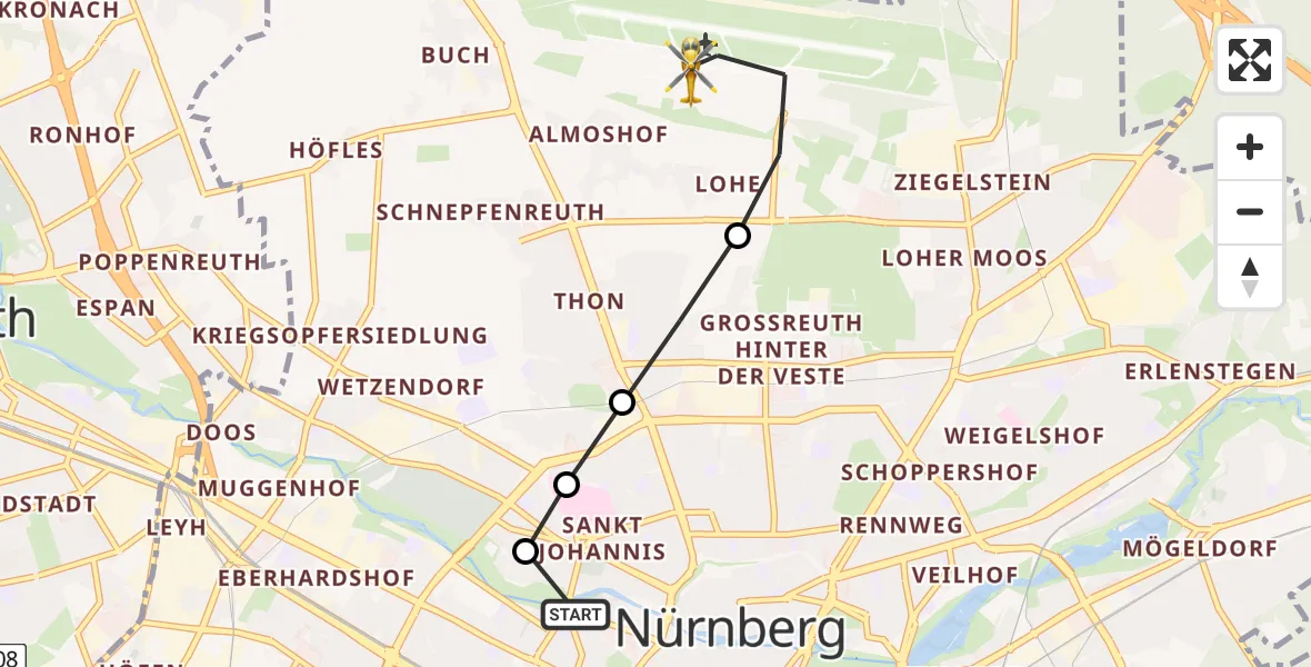 Flugroute Rettungshubschrauber Deutschherrnwiese Hubschrauberlandeplatz - Flughafen Nuremberg, 18 Juni 2026, 12:32