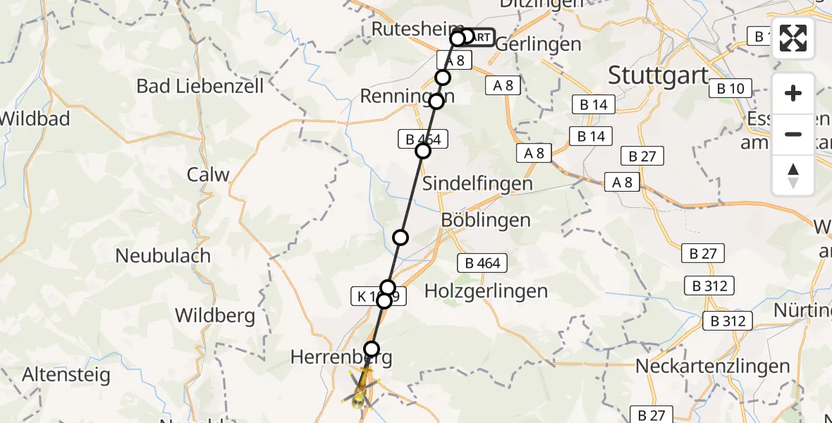 Flugroute Rettungshubschrauber Leonberg Hospital - Herrenberg, 18 Juni 2026, 12:37