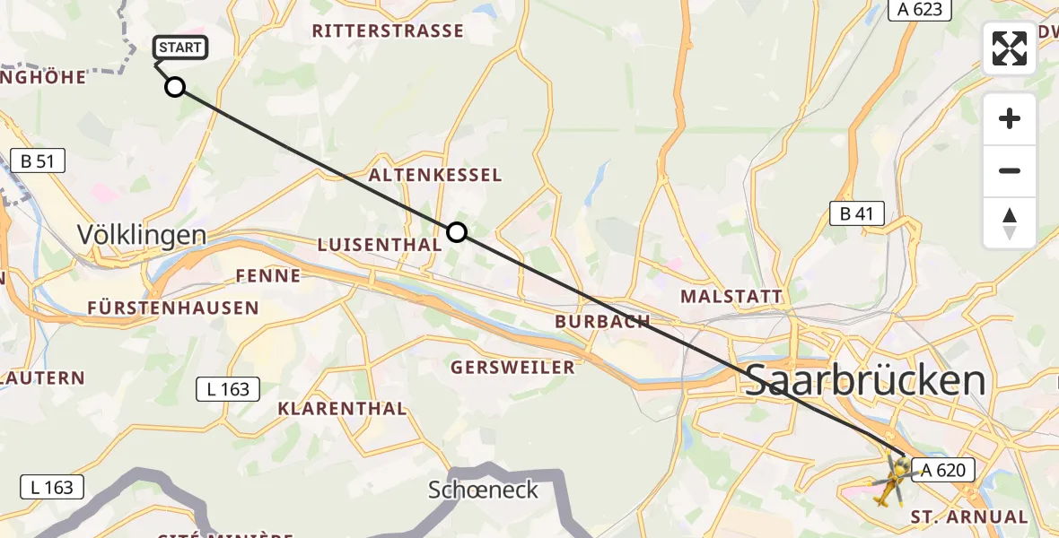 Flugroute Ambulanzhubschrauber Püttlingen - Saarbrücken, 18 Juni 2026, 12:39