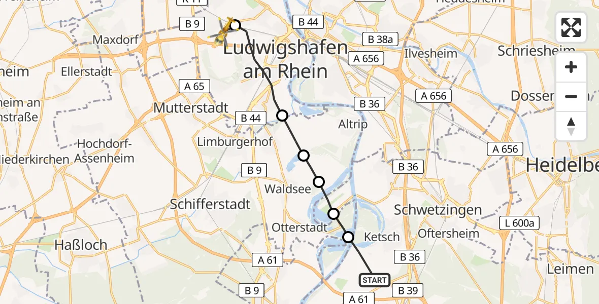Flugroute Rettungshubschrauber Ketsch - Ludwigshafen Accident Hospital Hubschrauberlandeplatz, 18 Juni 2026, 12:41
