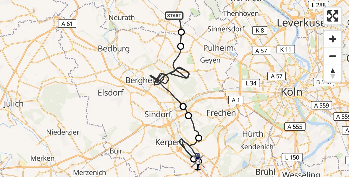 Flugroute Polizeihubschrauber Rommerskirchen - Erftstadt, 18 Juni 2026, 12:48