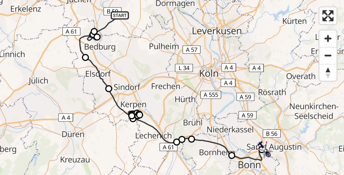 Flugroute Polizeihubschrauber Grevenbroich - Sankt Augustin, 18 Juni 2026, 12:51