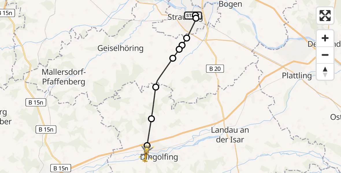 Flugroute Rettungshubschrauber Sankt Elisabeth Hospital Straubing - Dingolfing, 18 Juni 2026, 12:52