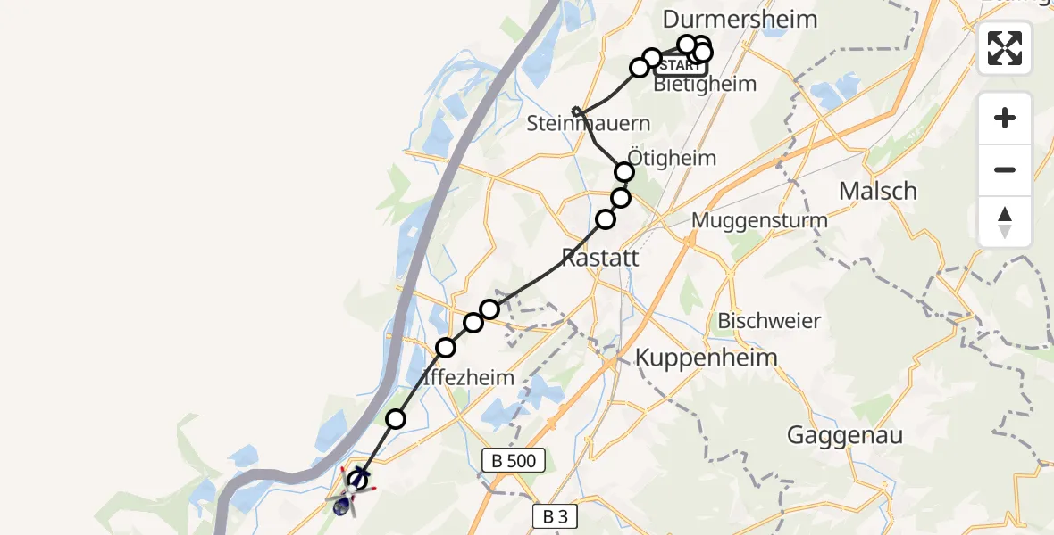 Flugroute Polizeihubschrauber Bietigheim - Karlsruhe Baden-Baden Flughafen, 18 Juni 2026, 13:01