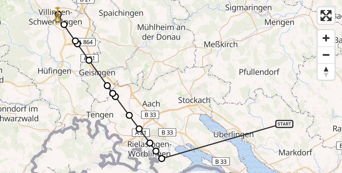Flugroute Rettungshubschrauber Deggenhausertal - DRF Air Rescue Station Villingen-Schwenningen Hubschrauberlandeplatz (Christoph 11), 18 Juni 2026, 13:03