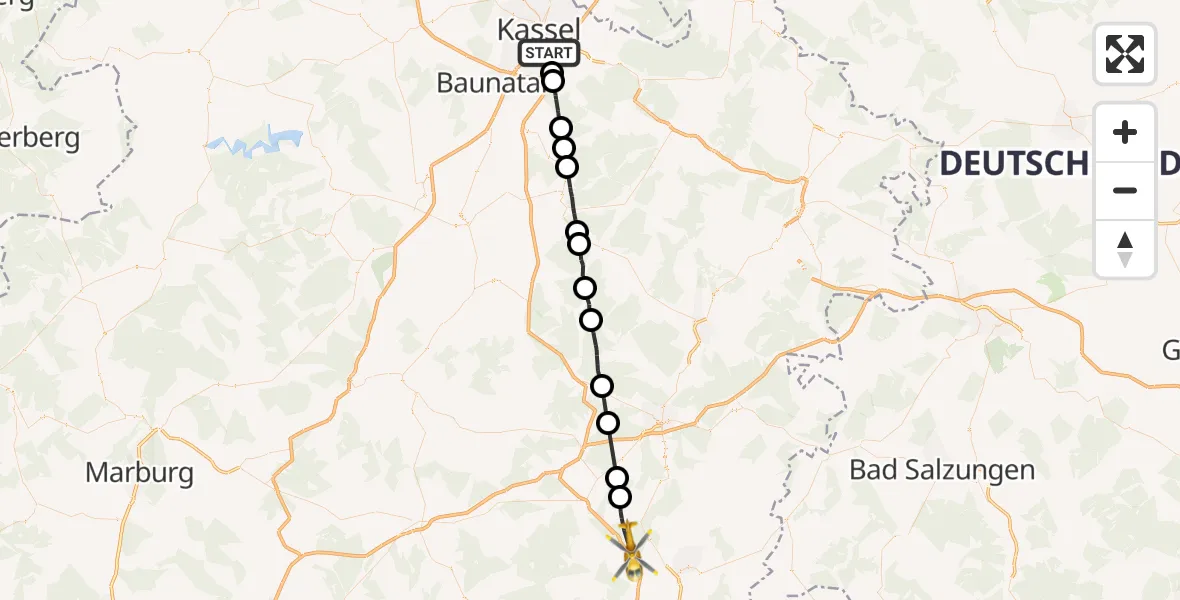 Flugroute Rettungshubschrauber Kassel - Burghaun, 18 Juni 2026, 13:08