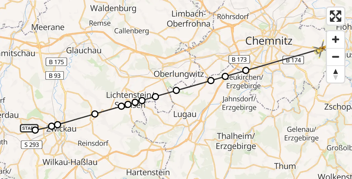 Flugroute Rettungshubschrauber ADAC Air Rescue Station Zwickau Hubschrauberlandeplatz - Chemnitz, 18 Juni 2026, 13:11
