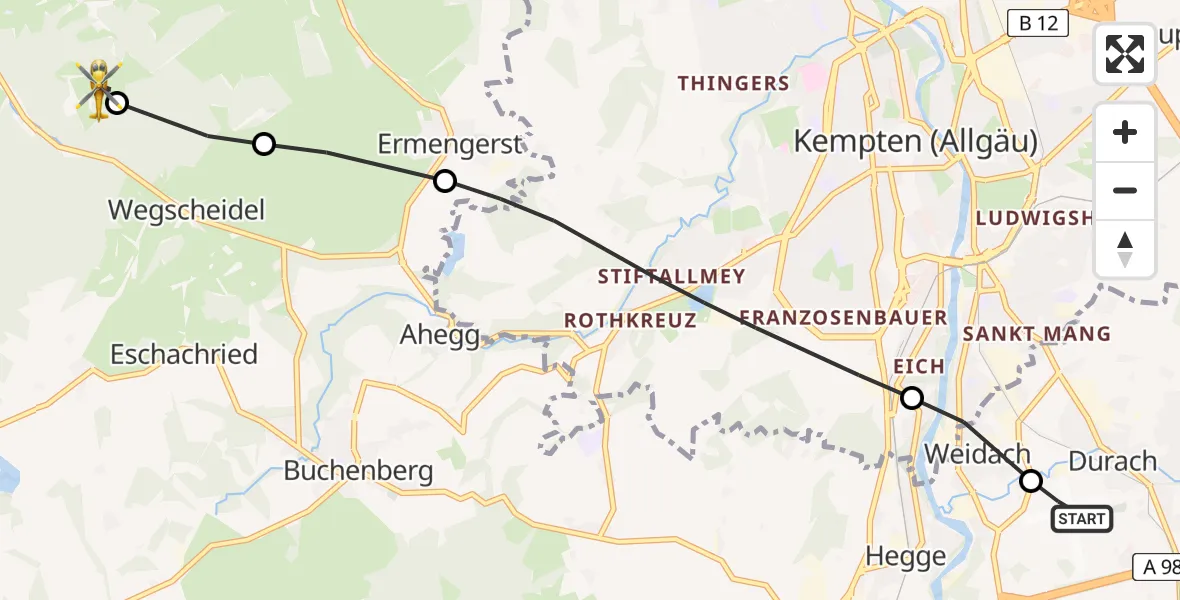 Flugroute Rettungshubschrauber Kempten-Durach Flugplatz - Wiggensbach, 18 Juni 2026, 13:11