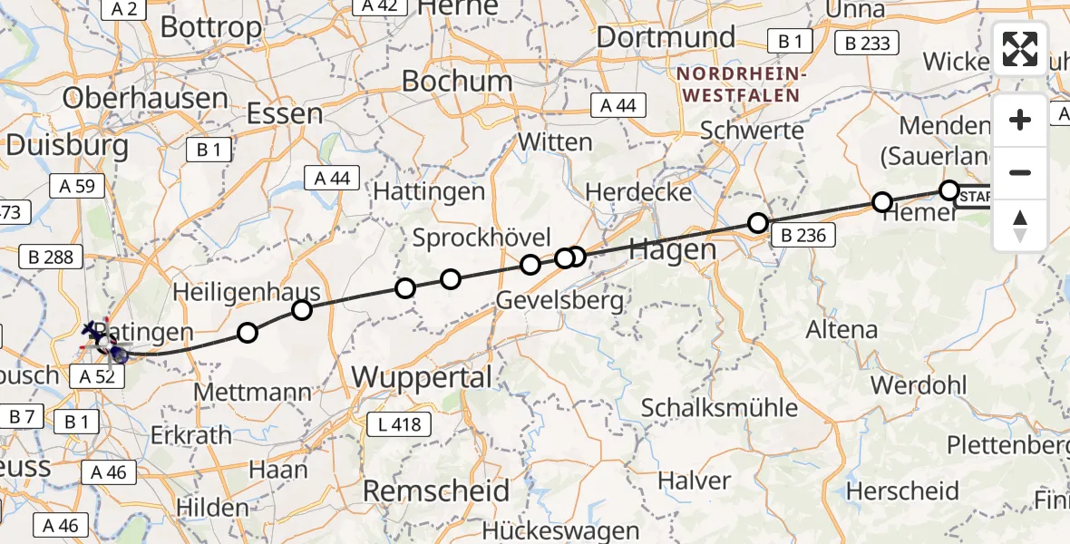 Flugroute Polizeihubschrauber Menden (Sauerland) - Düsseldorf Flughafen, 18 Juni 2026, 13:14