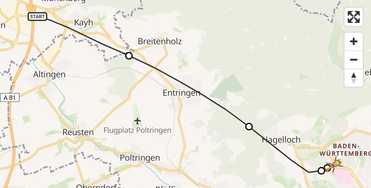 Flugroute Rettungshubschrauber Herrenberg - Tübingen Trauma Hospital, 18 Juni 2026, 13:15